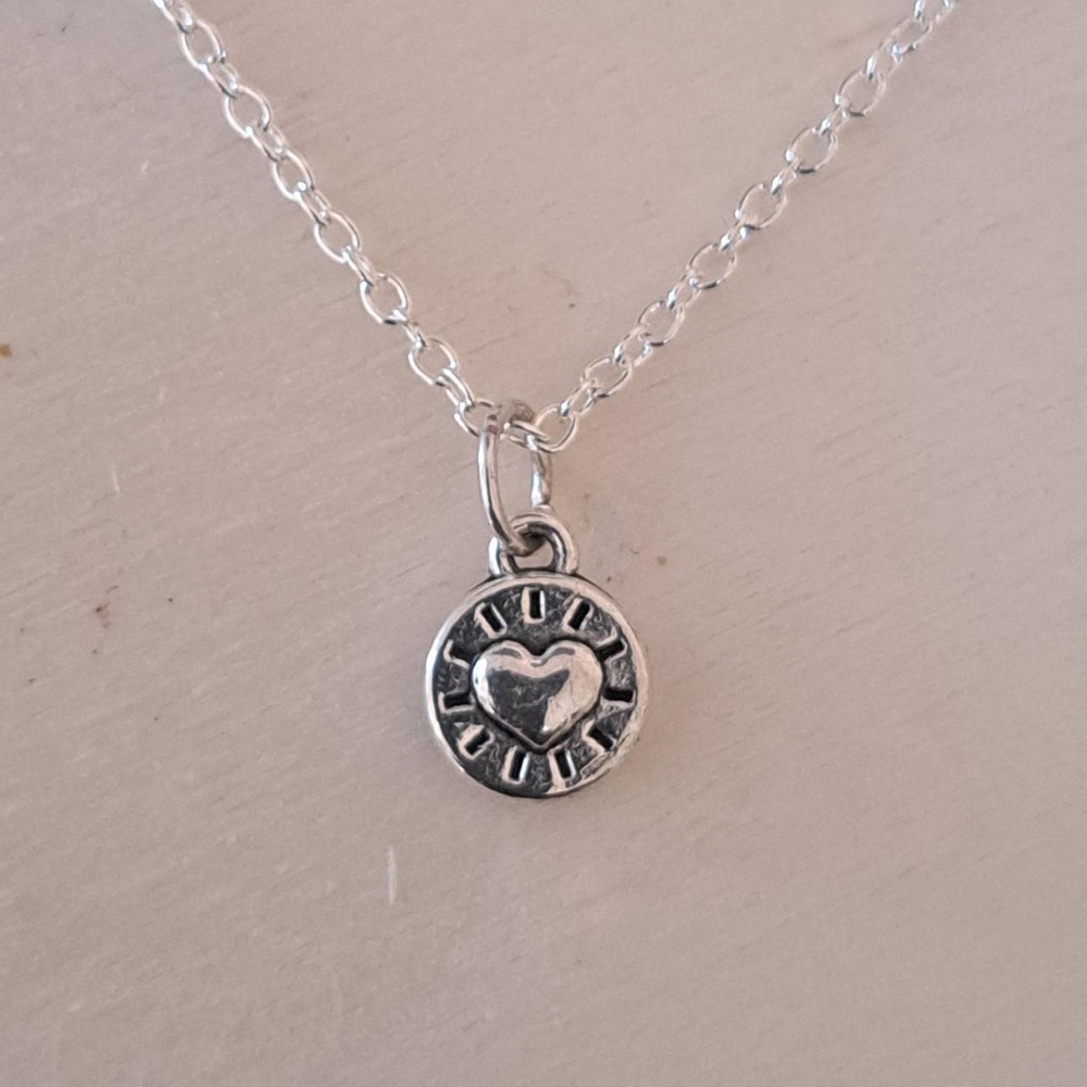 Silver Tone Heart Sunburst Circle Pendant Necklace Dainty Minimalist Jewelry